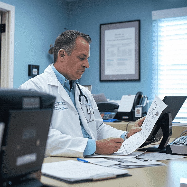 A physician wearing a white coat reviews medical documents at a desk in a well-lit office, with a computer and medical equipment visible in the background.