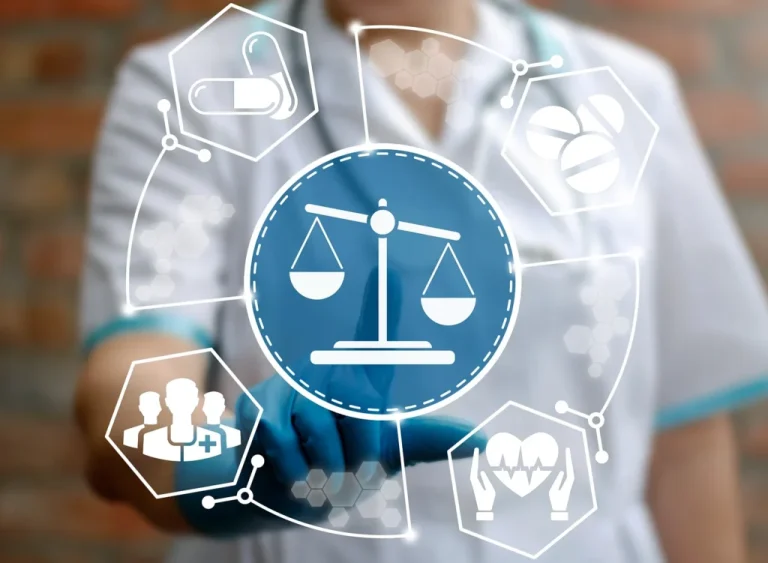 blurred doctor pointing to a screen full of legal and medical icons