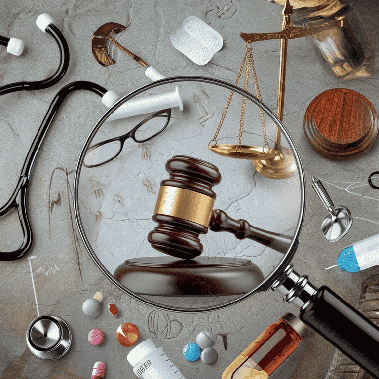 Magnifying glass focusing on medical and legal symbols, representing the examination of key concepts in Functional Capacity Evaluations.