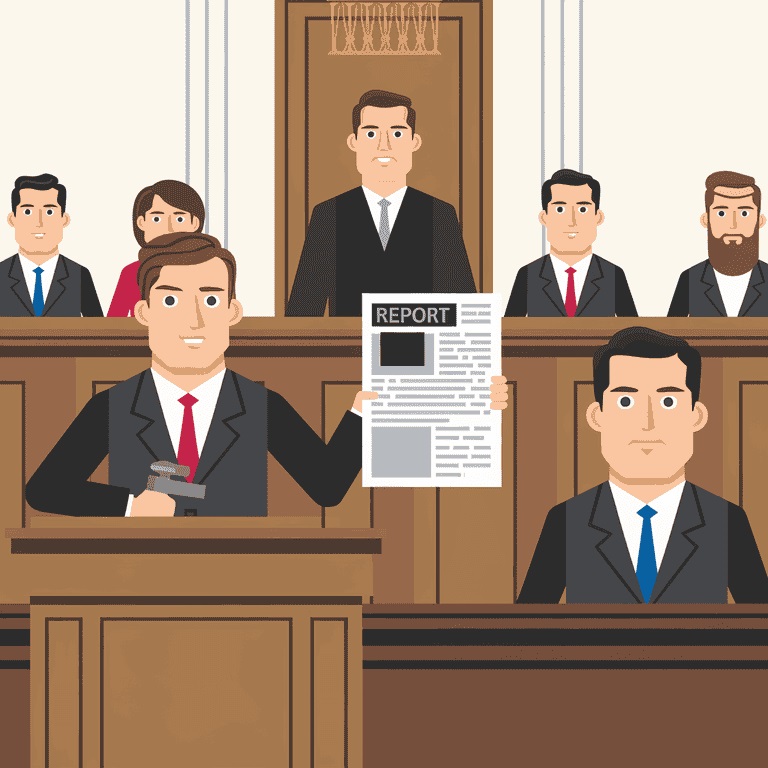 Lawyer presenting a Functional Capacity Evaluation report in a courtroom during a personal injury trial.