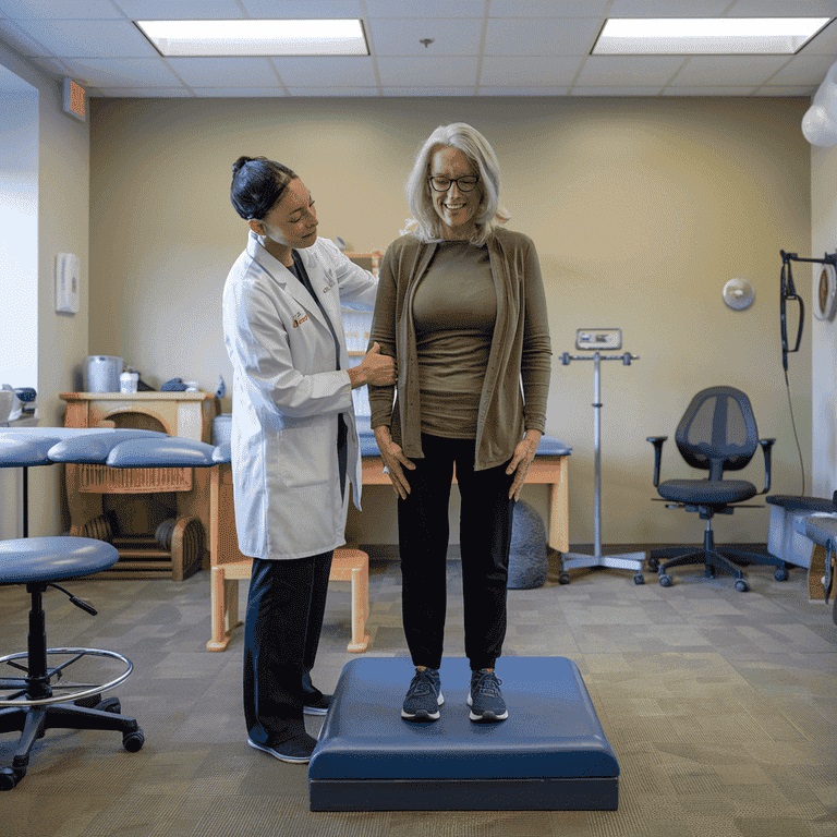 Physical therapist performing a functional capacity evaluation with a patient, demonstrating physical ability tests.
