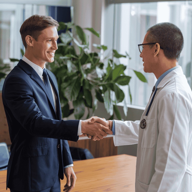 Close-up of a handshake between a lawyer and a medical expert, symbolizing successful collaboration in legal cases involving Functional Capacity Evaluations.