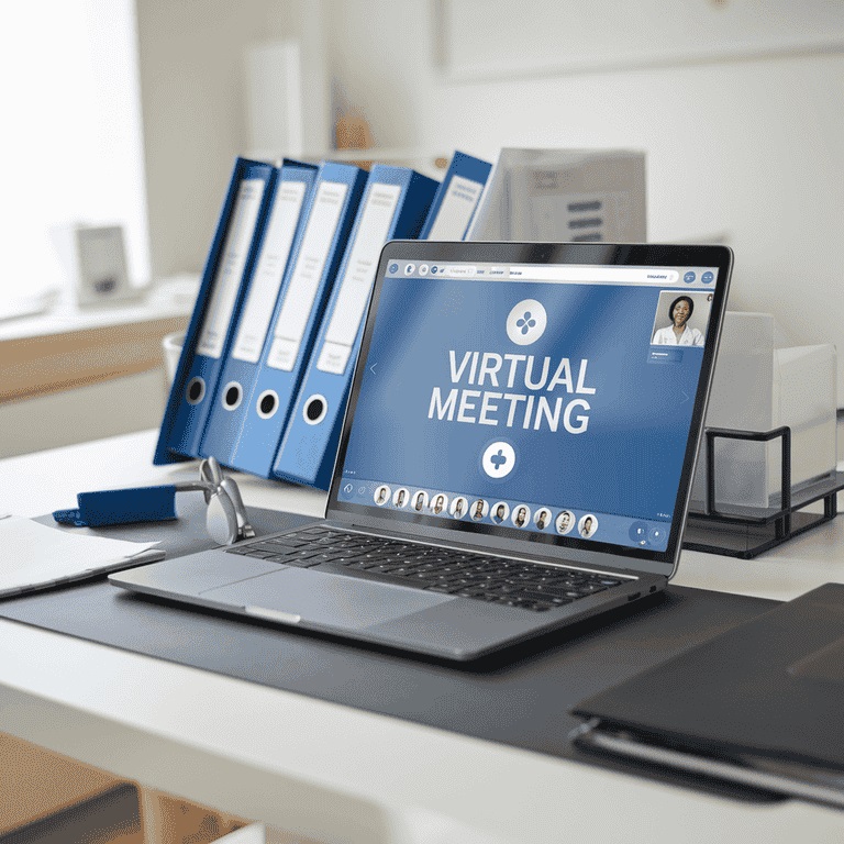 Organized workspace with a laptop displaying a virtual examination setup and medical files neatly arranged.