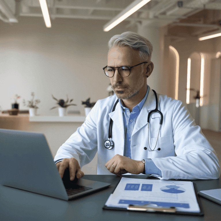Doctor conducting a virtual medical examination on a laptop in a professional office setting.
