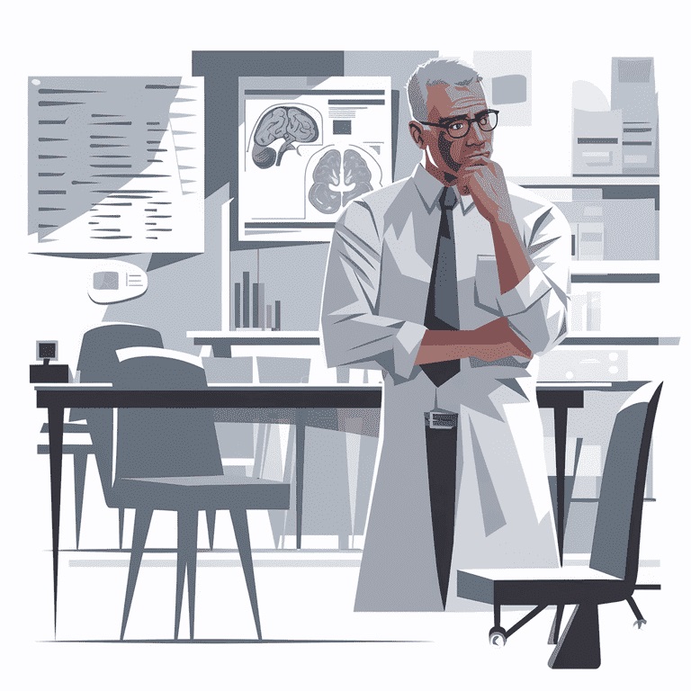 Neurologist analyzing brain scans and medical charts in an office setting.