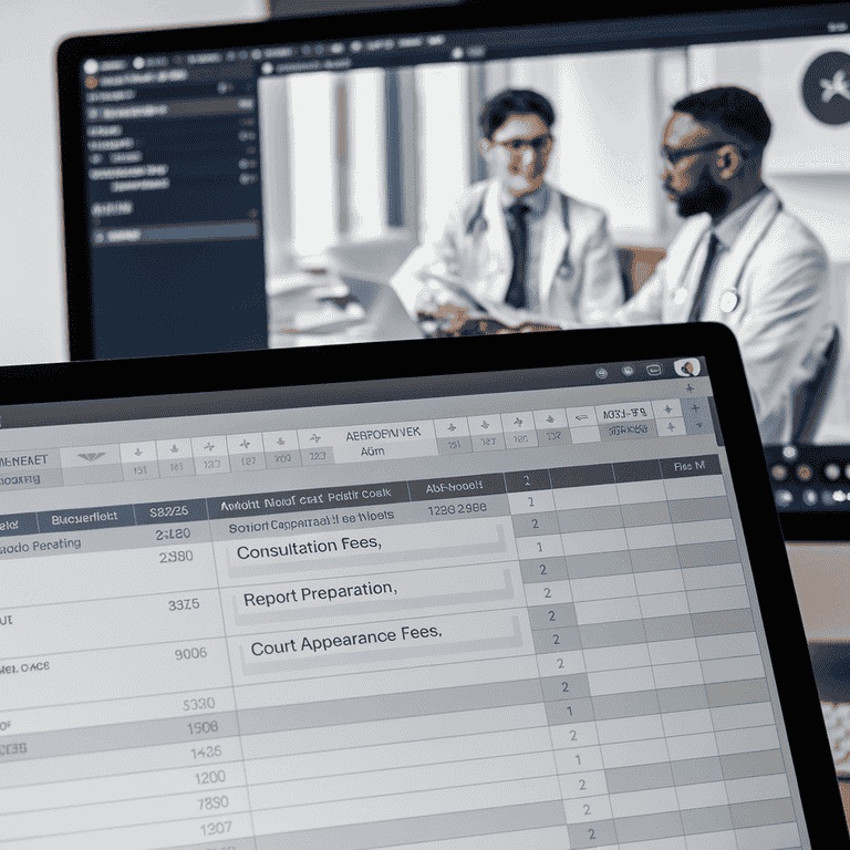 Digital spreadsheet displaying cost breakdown for hiring a cardiology expert witness, with a virtual meeting in progress in the background.