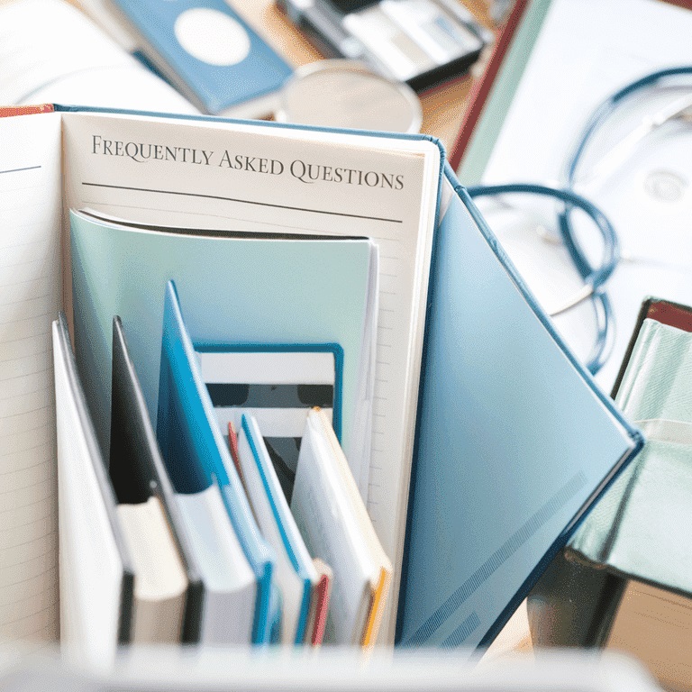 Notebook labeled "Frequently Asked Questions" next to medical and legal reference materials.