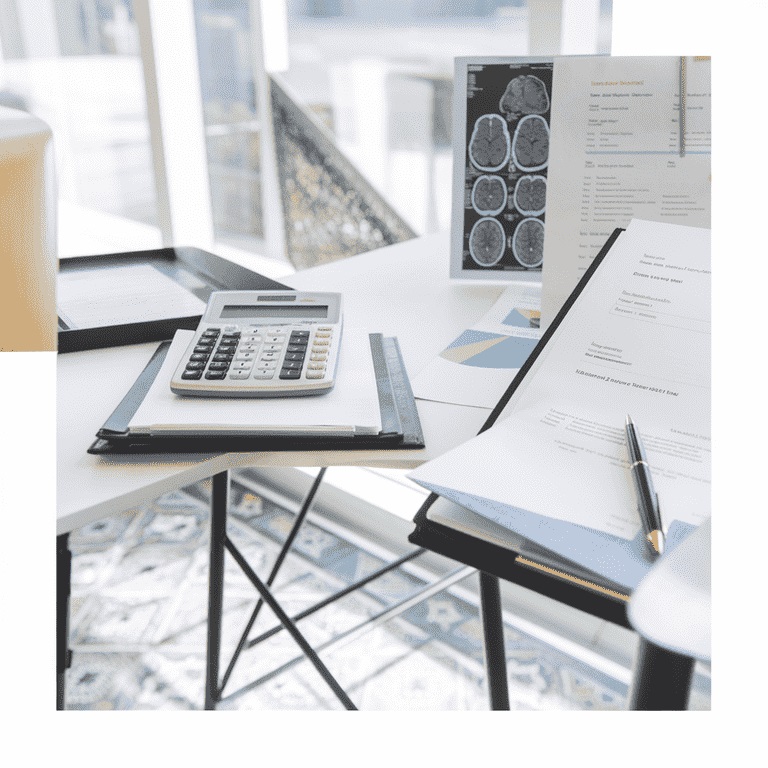 Calculator and financial documents alongside medical charts and a brain scan.