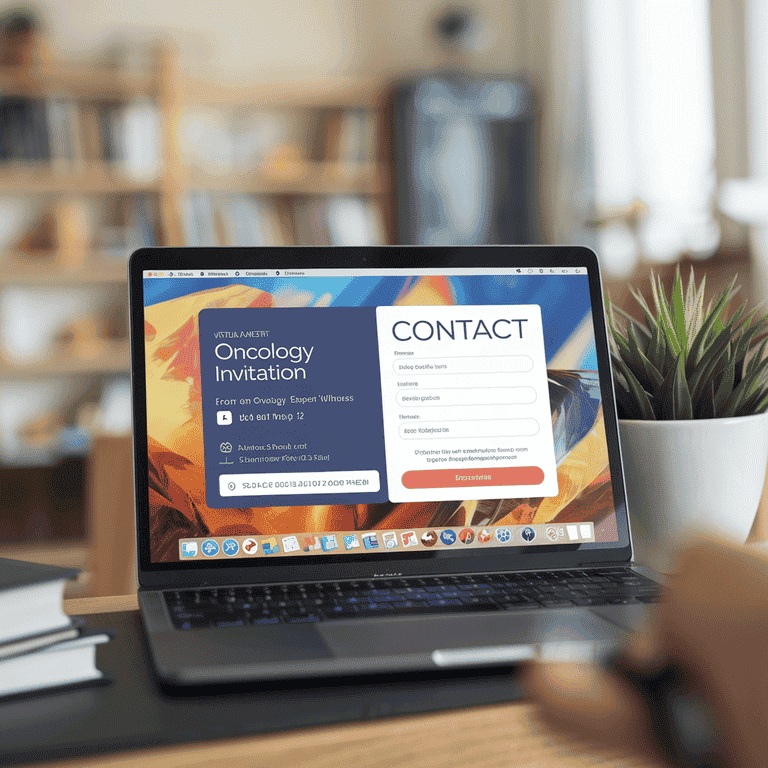 A laptop showing a contact form being completed, with a virtual meeting invitation from an oncology expert witness, representing the final step to connect.