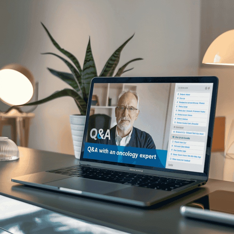 A virtual Q&A session with an oncology expert displayed on a laptop screen, representing a discussion of frequently asked questions.