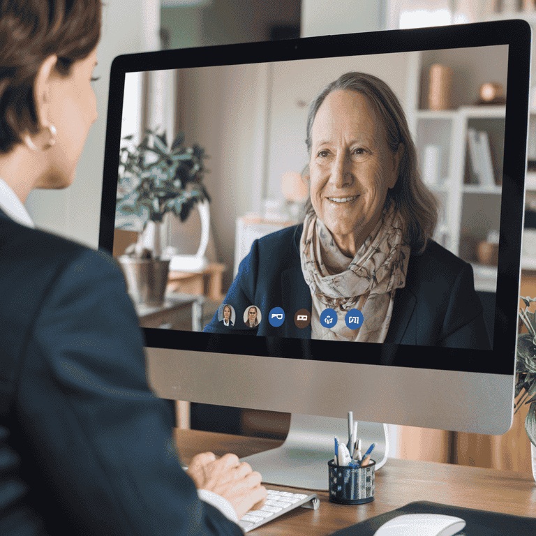 A virtual consultation between a lawyer and an oncology expert on a computer screen, representing collaboration for a legal case.