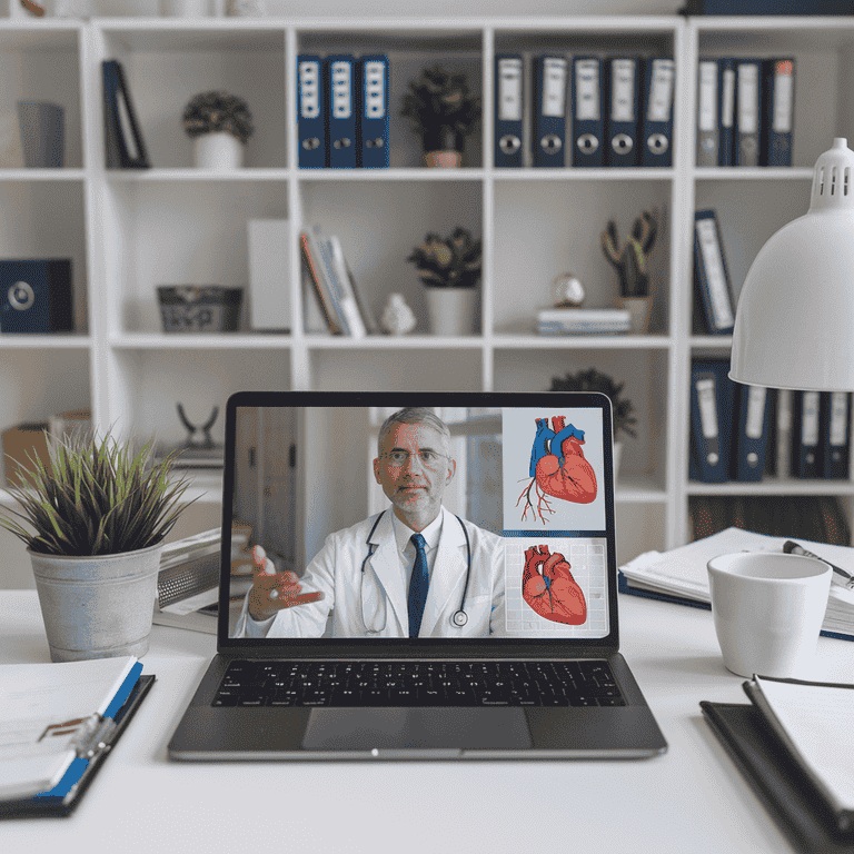 Cardiology expert witness consulting remotely, reviewing heart diagrams and medical documents during a virtual expert witness session.