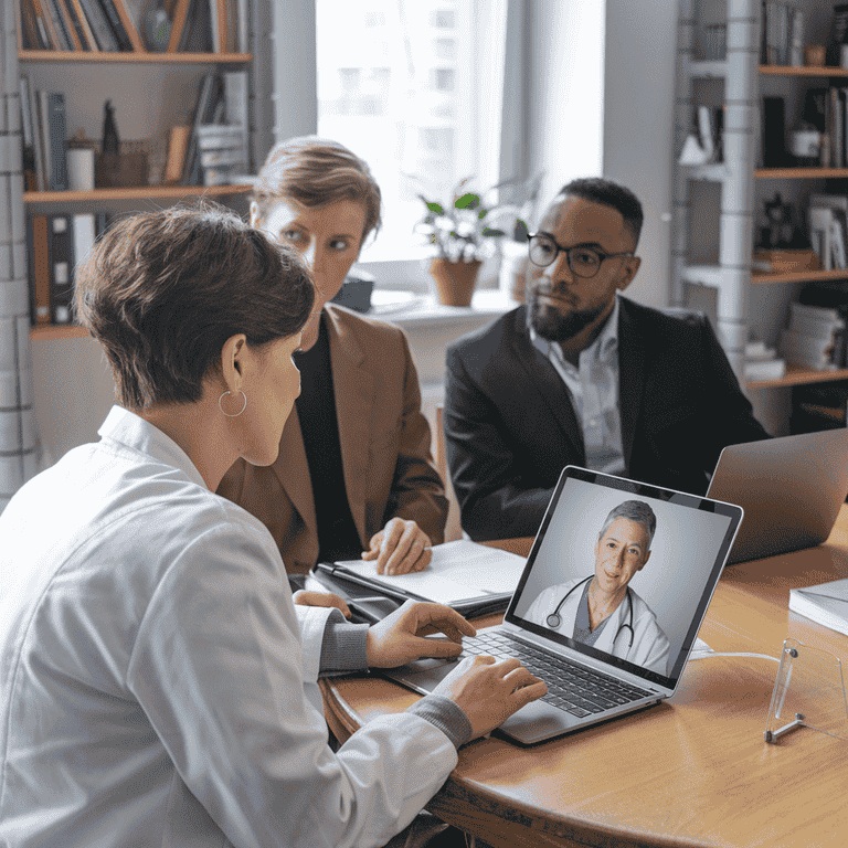 A legal team on a video call reviewing the profile of an oncology expert on a laptop, representing the process of selecting the right expert witness.