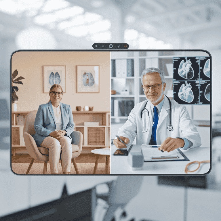 Healthcare professional conducting a virtual Independent Medical Examination with a patient, reviewing digital heart scans and charts.
