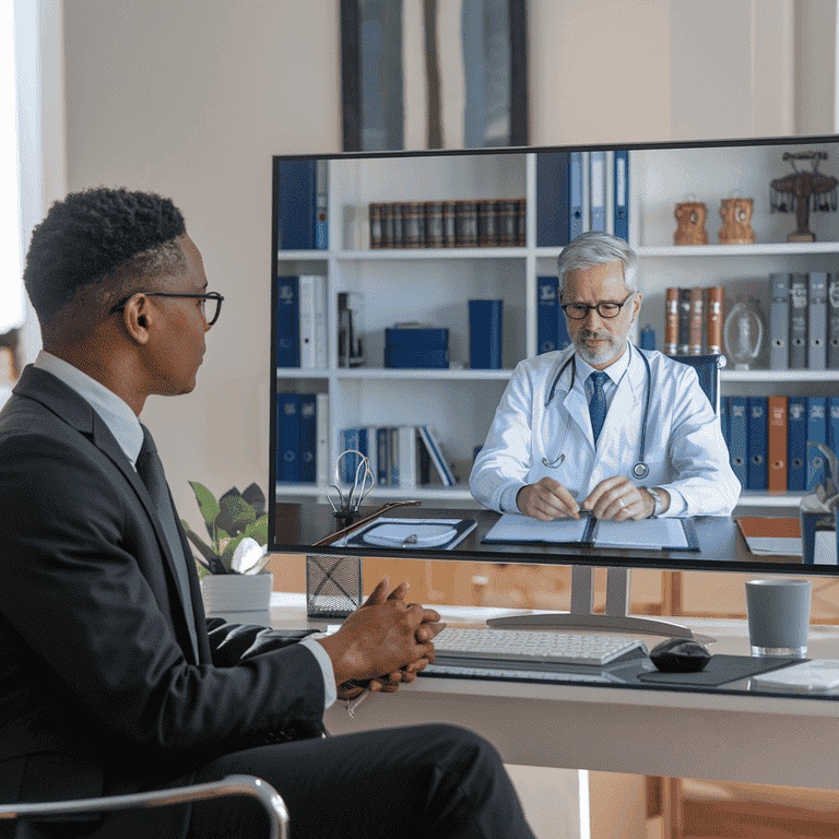 Virtual meeting with a legal professional and a physician discussing Independent Medical Examination services, with features highlighted on a slide.
