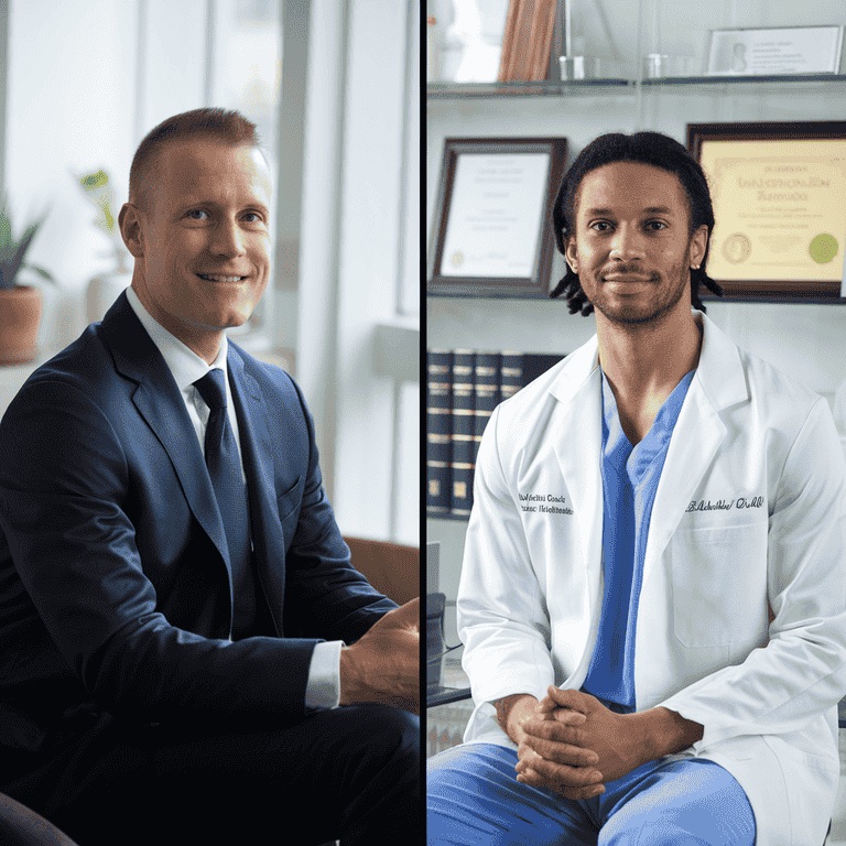 Virtual meeting between a legal professional and a cardiology expert, showcasing the expert’s medical background and professionalism.