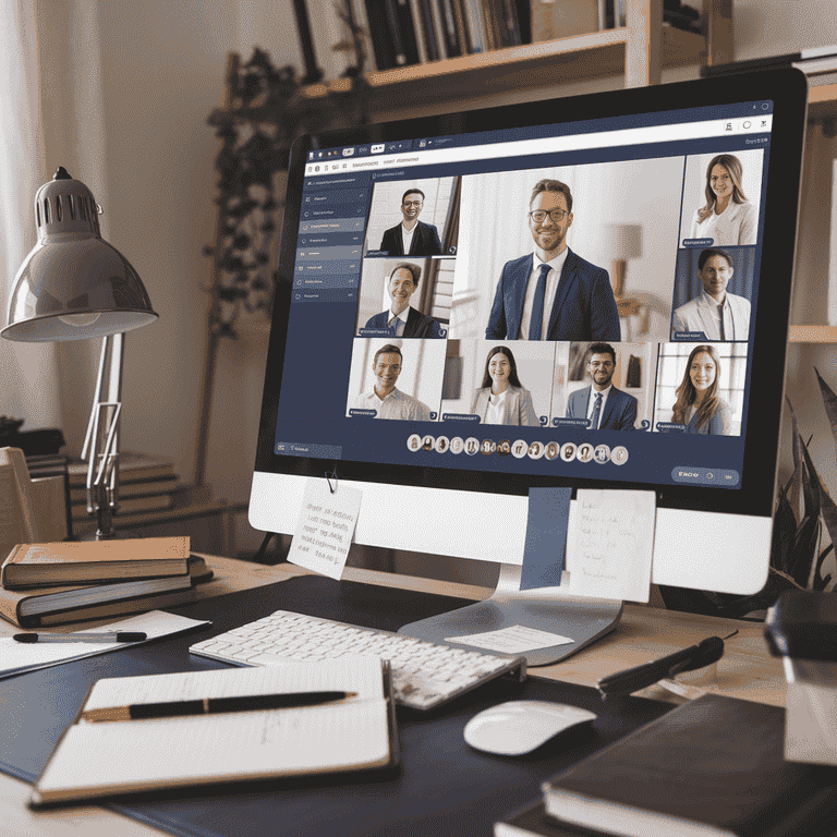 A computer screen showing a virtual meeting setup in a home office with a legal document nearby, representing best practices for attorneys working with expert witnesses.