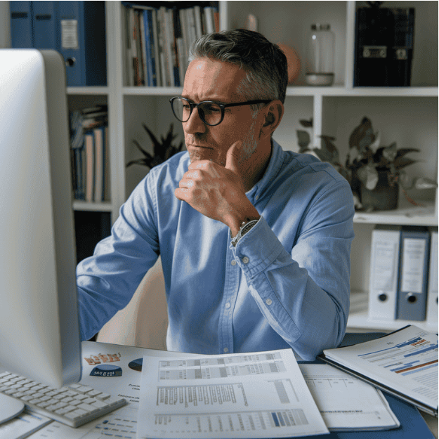 Pulmonologist reviewing complex medical data and case files.