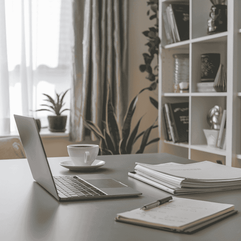A closed laptop on a tidy desk with a cup of coffee and stacked documents, representing the successful conclusion of working with an internal medicine expert witness.