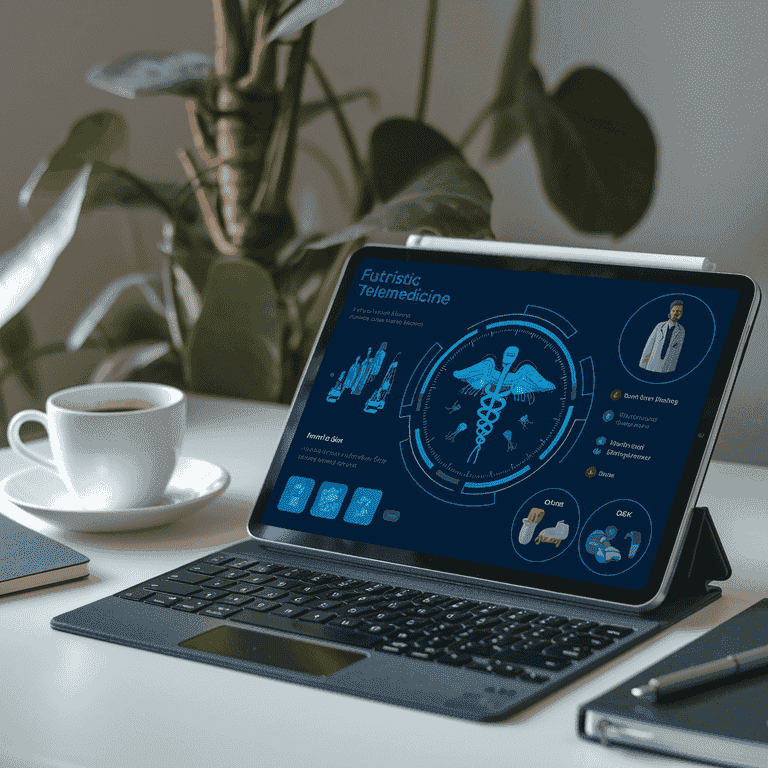 A tablet showing a telemedicine interface on a modern desk, representing the evolving role of internal medicine expert witness services.