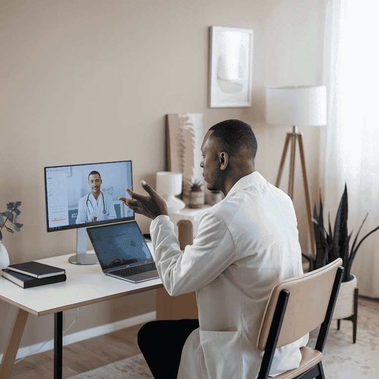 A laptop showing a virtual consultation with a professional doctor in a home office, representing the role of internal medicine expert witnesses.