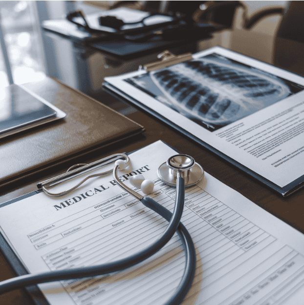 Medical report, chest X-ray, and legal documents prepared for case review.
