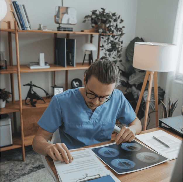 Pulmonologist analyzing medical records and X-rays for a case from a home office.