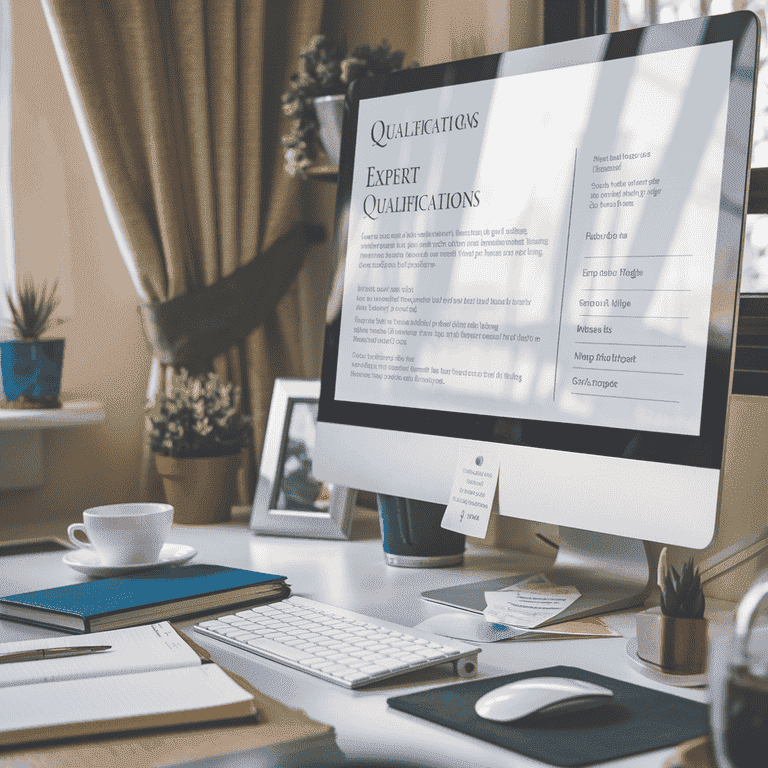 A computer screen showing a text-based list of expert qualifications in a professional setting, representing the process of selecting an internal medicine expert witness.