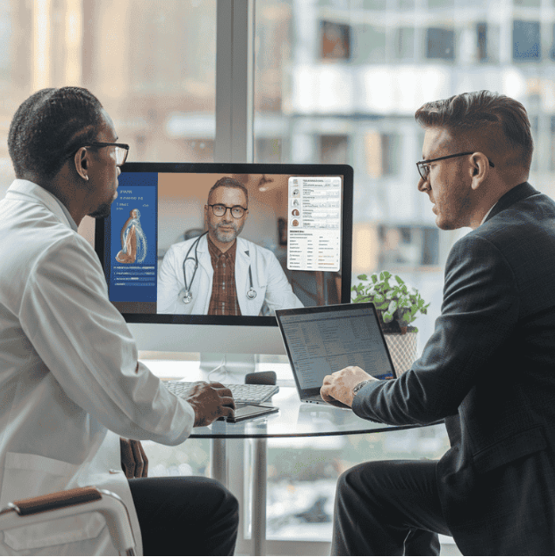 Pulmonologist and attorney discussing case details in a virtual meeting.