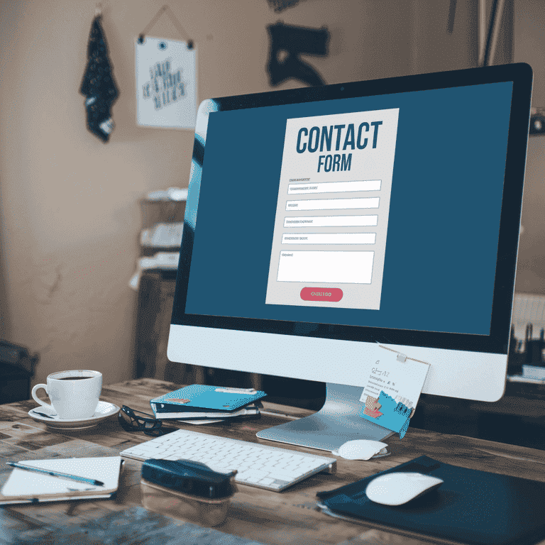 A computer displaying a contact form on a desk with a notepad and coffee, encouraging users to reach out for expert witness support.