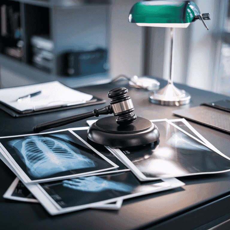 Gavel on X-ray films symbolizing legal aspects of radiology expert wintess expertise