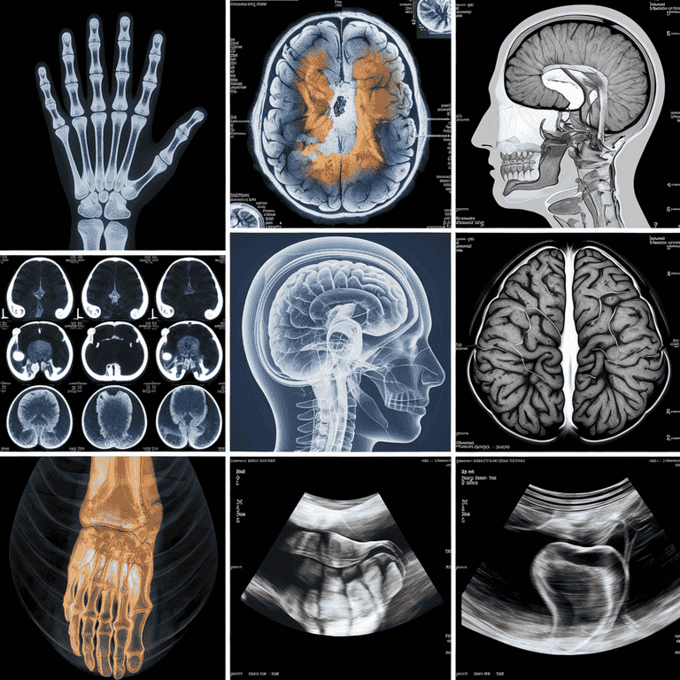 Collage of different medical imaging scans including X-ray, MRI, and CT scan for use for a radiologist expert witness