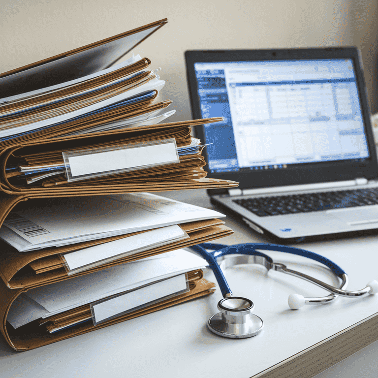 Desk with medical files, a stethoscope, and a laptop indicating collaboration on an otolaryngology expert witness legal case.