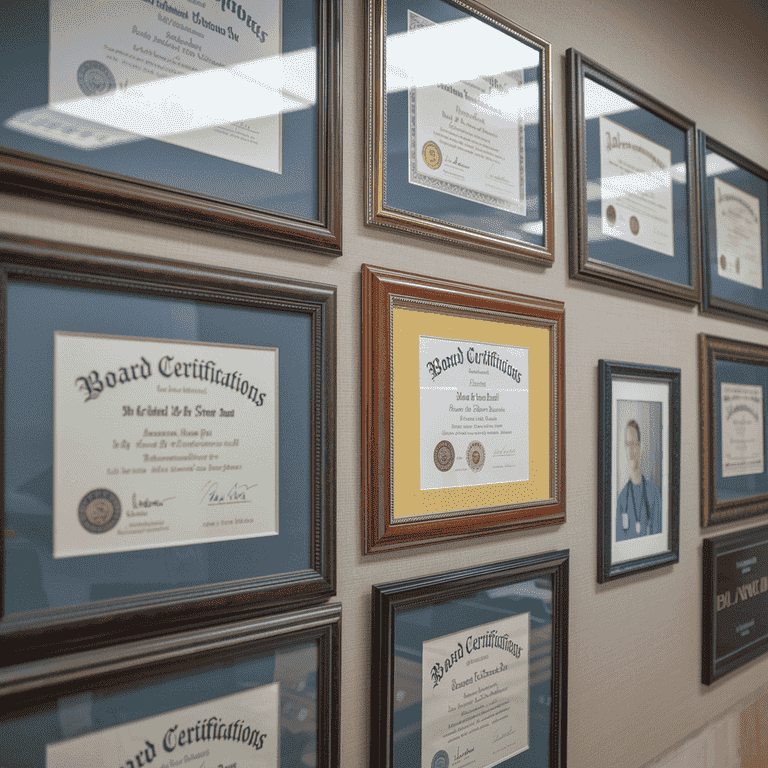 Framed medical diplomas and board certifications on an office wall.