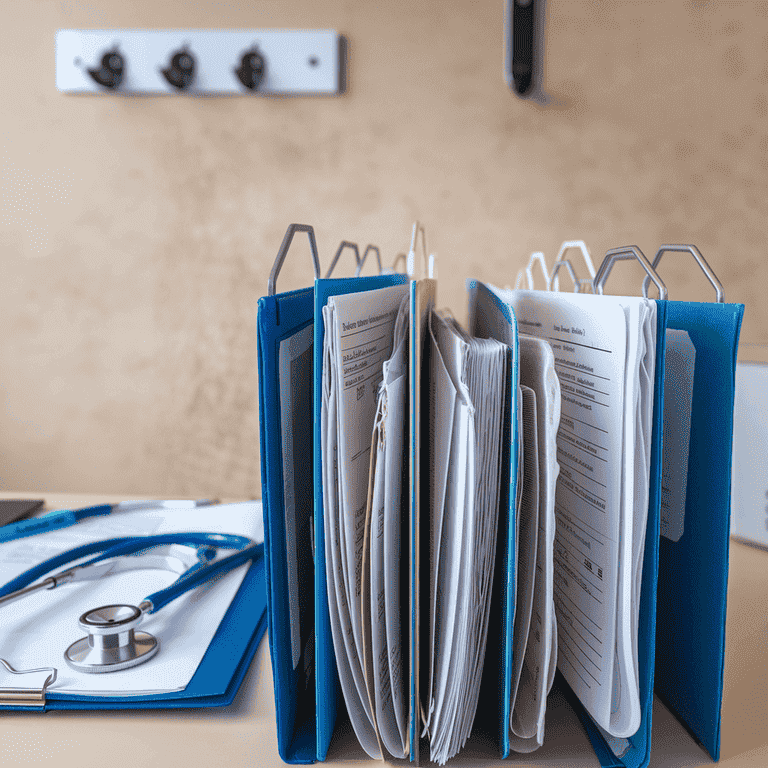 Medical chart folders and documents with medical symbols for Medical record reviews