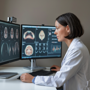 Remote doctor reviewing patient records and diagnostic results on a dual-monitor setup for an ethical and accurate IME evaluation.
