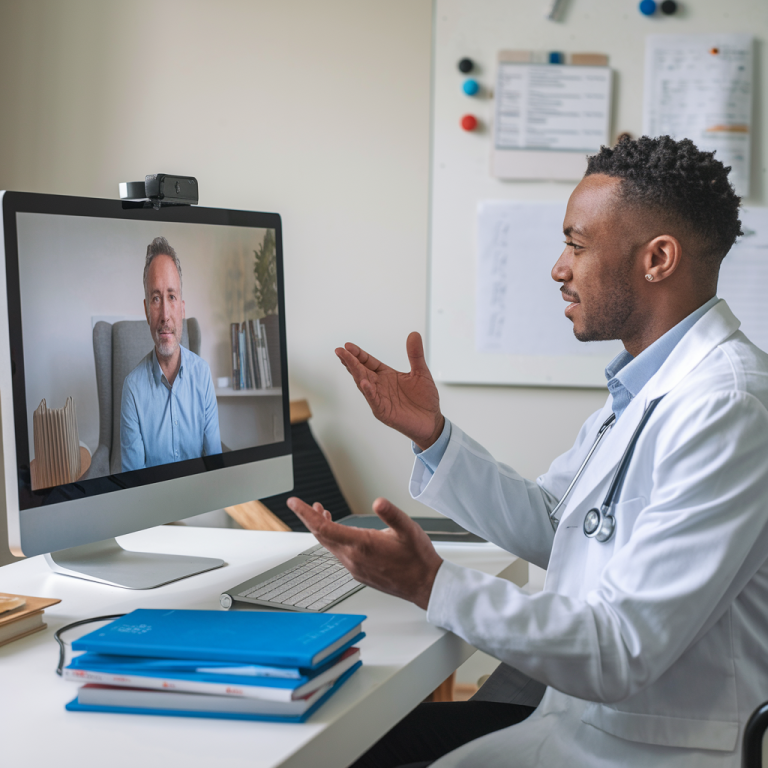 Remote doctor discussing next steps in an IME with a patient via video call, with an organized digital workspace.