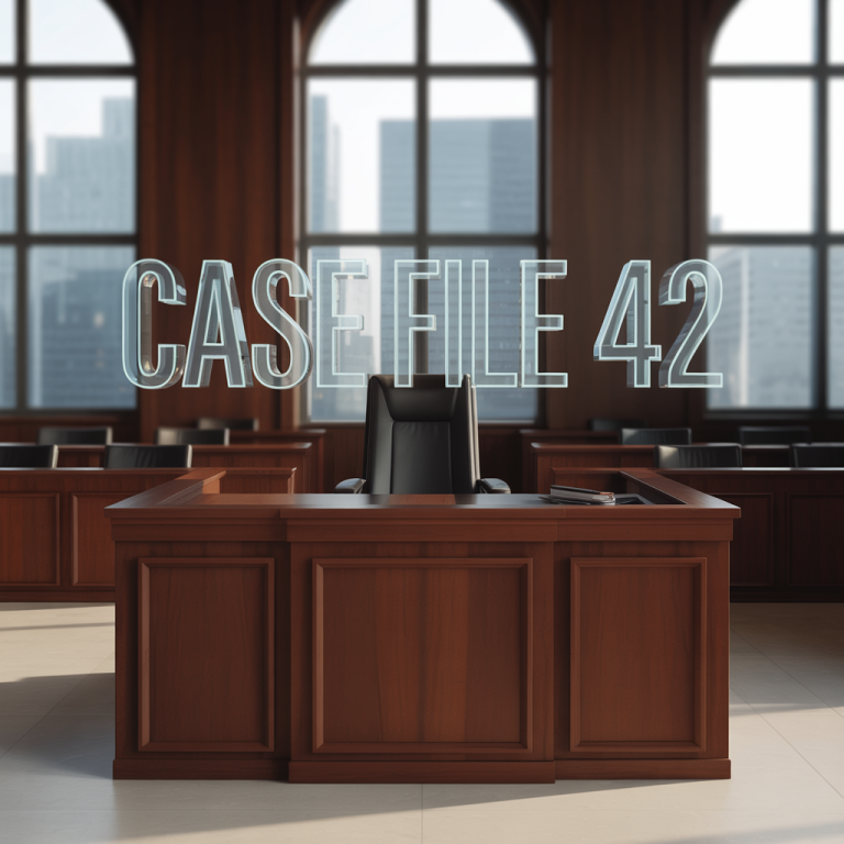 Modern courtroom with digital 3D models overlaid, representing virtual reality technology.