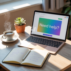 Laptop showing online support forum alongside coffee cup and notepad on desk