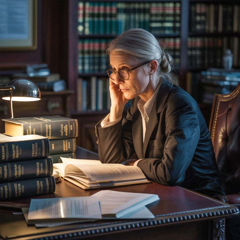 Medical expert witness reflecting at desk surrounded by medical and legal materials