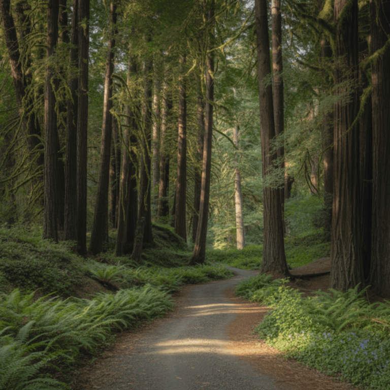 Sunlight shining on a forest path, representing a journey forward.
