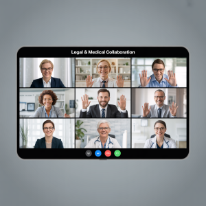 Medical expert and legal professionals engaging in a virtual meeting