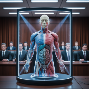 3D anatomical model showing injury details displayed in a courtroom environment.