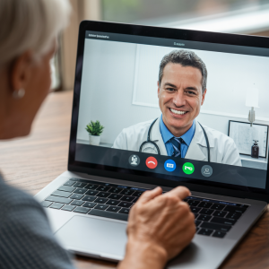 Doctor and patient connecting through a virtual medical exam on a laptop