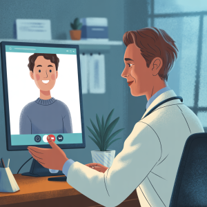 Doctor and patient connected via computer screen illustrating virtual medical examination and data exchange
