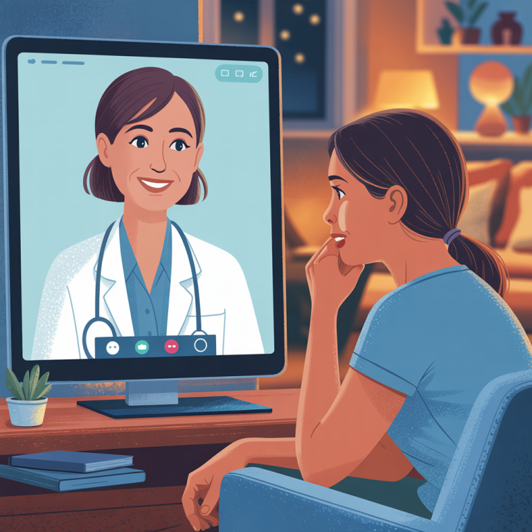 Doctor and patient connected through a video call for a virtual medical exam