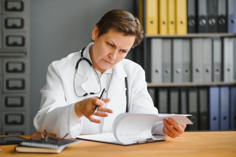 senior doctor in medical exam office