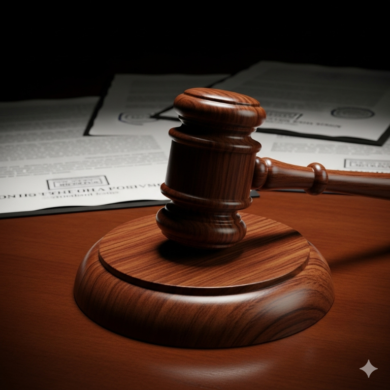A judge's gavel resting on a sound block.