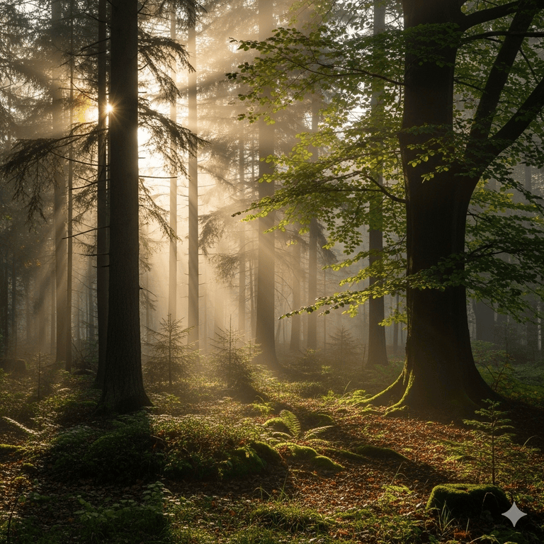 A misty forest at sunrise, with soft golden light filtering through the trees and a peaceful, tranquil feel.