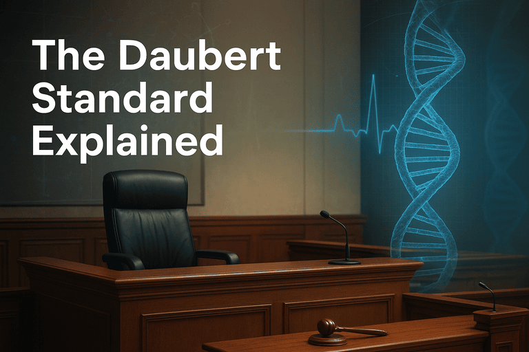 Courtroom with scientific elements representing the Daubert standard for expert testimony.